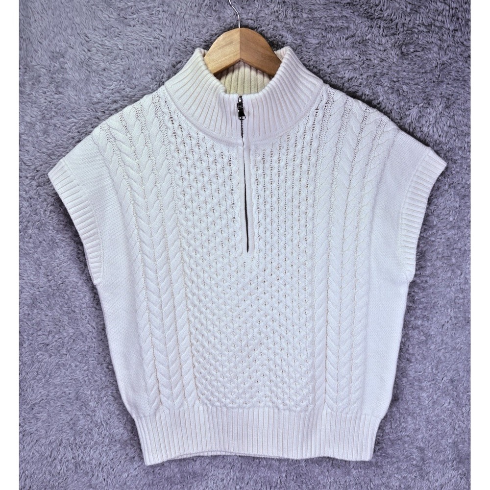 LOFT Womens XS Cable Knit Sweater Vest Ivory Cotton Blend Quarter Zip Mock Neck